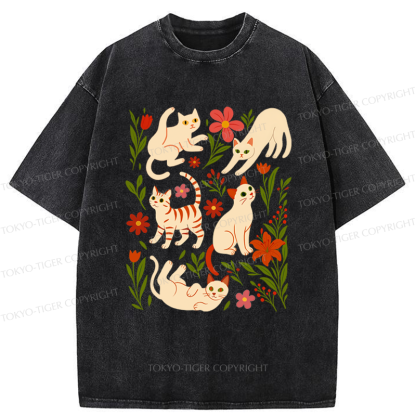Tokyo-Tiger Cats And Flowers Washed T-Shirt
