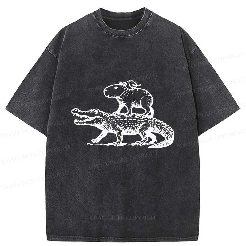 Tokyo-Tiger Capybaras Walking With Crocodile Washed T-Shirt