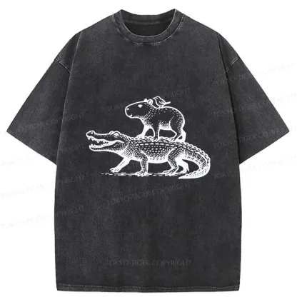 Tokyo-Tiger Capybaras Walking With Crocodile Washed T-Shirt