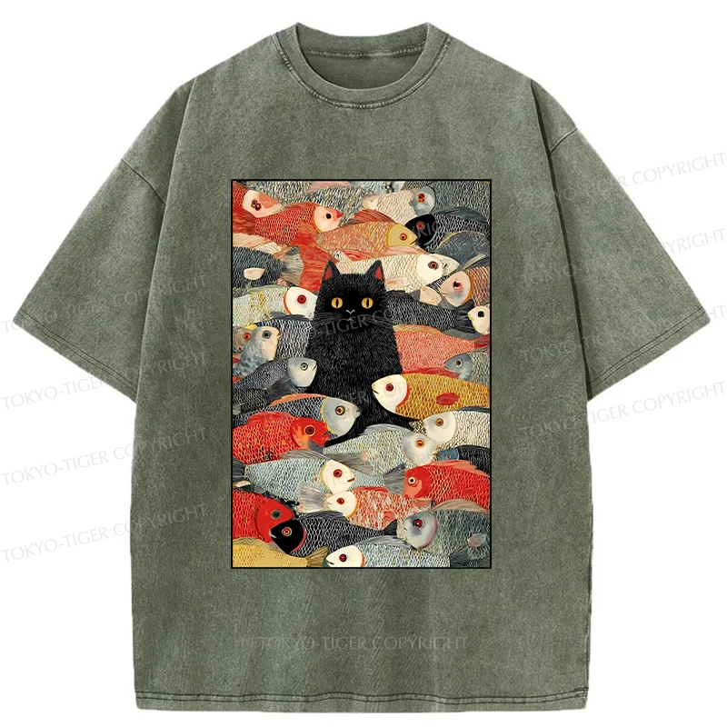 Tokyo-Tiger Cats And Fish Washed T-Shirt