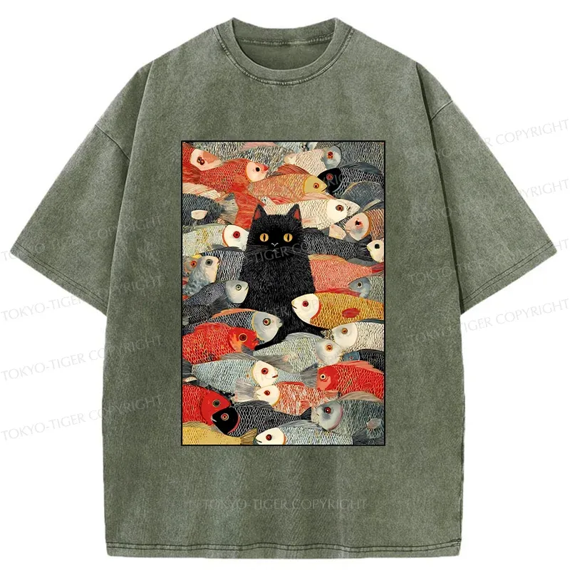 Tokyo-Tiger Cats And Fish Washed T-Shirt