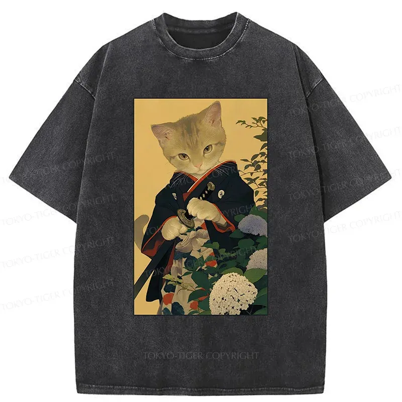Tokyo-Tiger Kitten Japanese Samurai Washed T-Shirt
