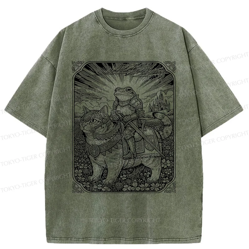 Tokyo-Tiger Frog Riding Cat Retro Washed T-Shirt