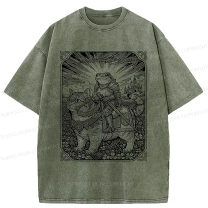 Tokyo-Tiger Frog Riding Cat Retro Washed T-Shirt