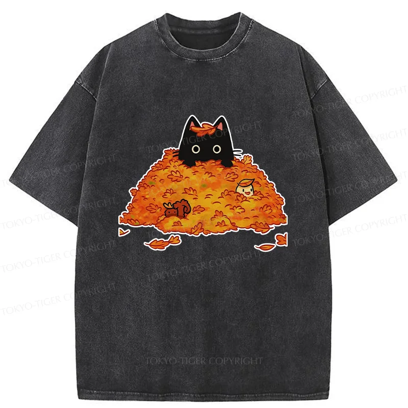 Tokyo-Tiger Black Cat In Autumn Leaves Washed T-Shirt