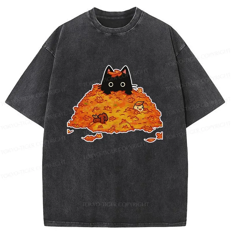 Tokyo-Tiger Black Cat In Autumn Leaves Washed T-Shirt Sale