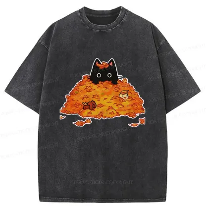 Tokyo-Tiger Black Cat In Autumn Leaves Washed T-Shirt