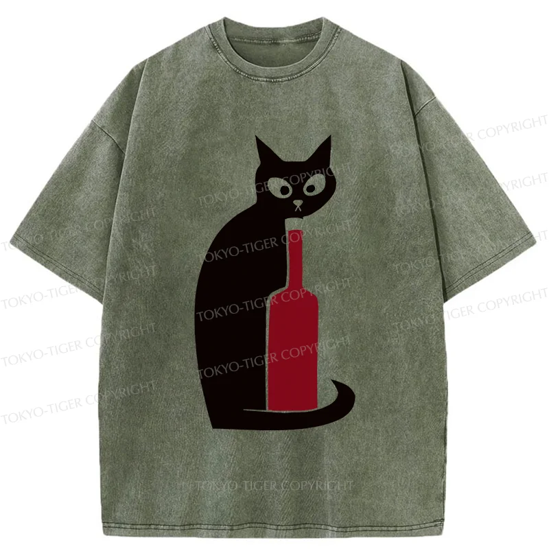 Tokyo-Tiger Black Cat And Wine Washed T-Shirt