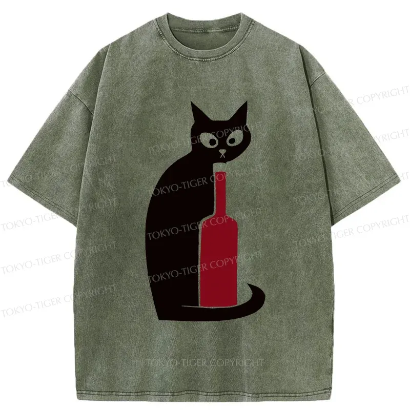 Tokyo-Tiger Black Cat And Wine Washed T-Shirt