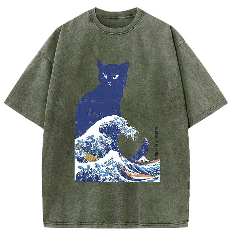Tokyo-Tiger The Great Wave Off Cat Washed T-Shirt