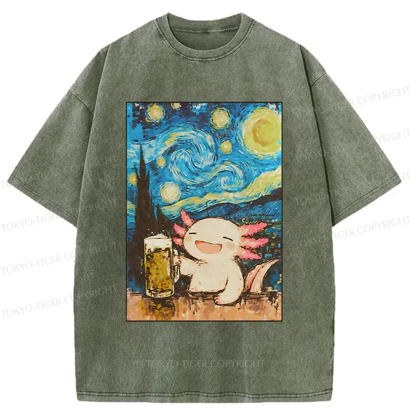 Tokyo-Tiger Axolotl Drinking Beer Washed T-Shirt