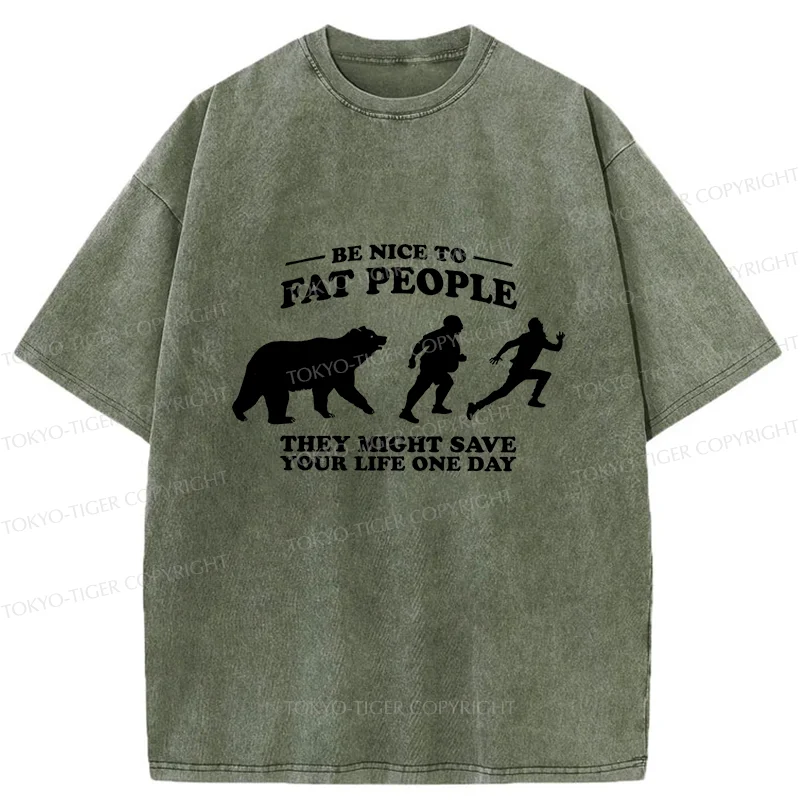 Tokyo-Tiger Fat Bear Chasing Fat Man Washed T-Shirt