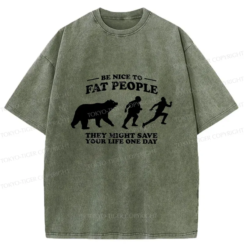 Tokyo-Tiger Fat Bear Chasing Fat Man Washed T-Shirt