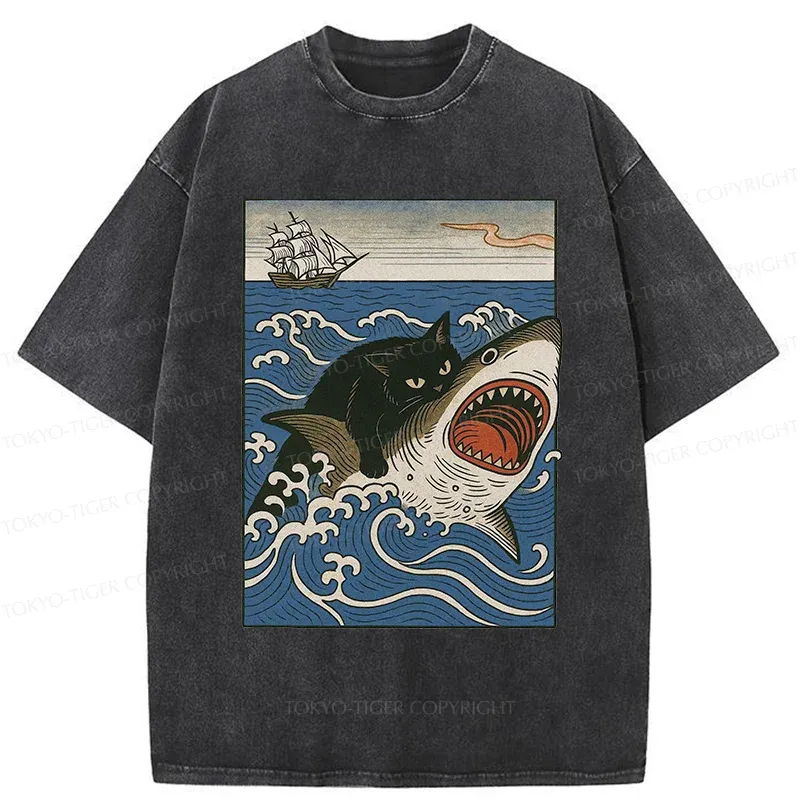 Tokyo-Tiger Cat Hunting Shark Washed T-Shirt Sale