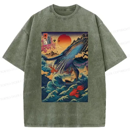 Tokyo-Tiger Ukiyoe Whale Japan Washed T-Shirt