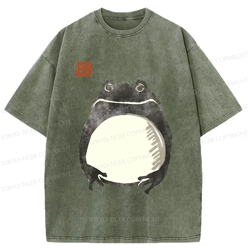 Tokyo-Tiger Retro Frog Ink Painting Washed T-Shirt
