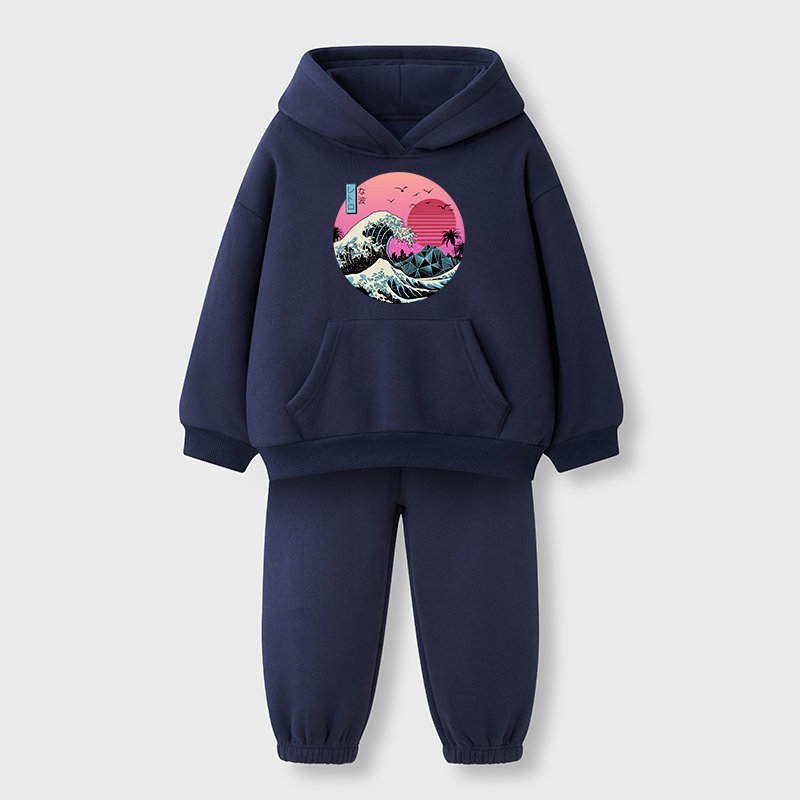 Tokyo-Tiger Japanese The Great Retro Wave Kids Fleece Lined Hoodie Set
