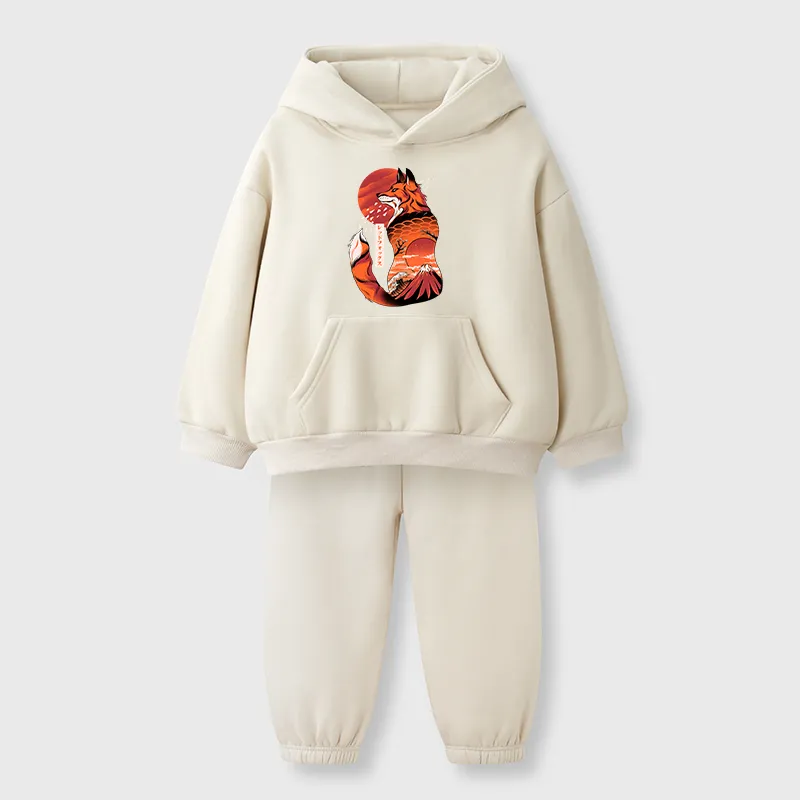 Tokyo-Tiger Japanese Fox Tattoo Kids Fleece Lined Hoodie Set