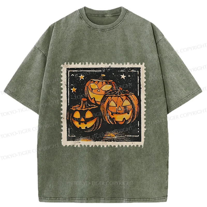 Tokyo-Tiger Halloween Pumpkin Stamps Washed T-Shirt