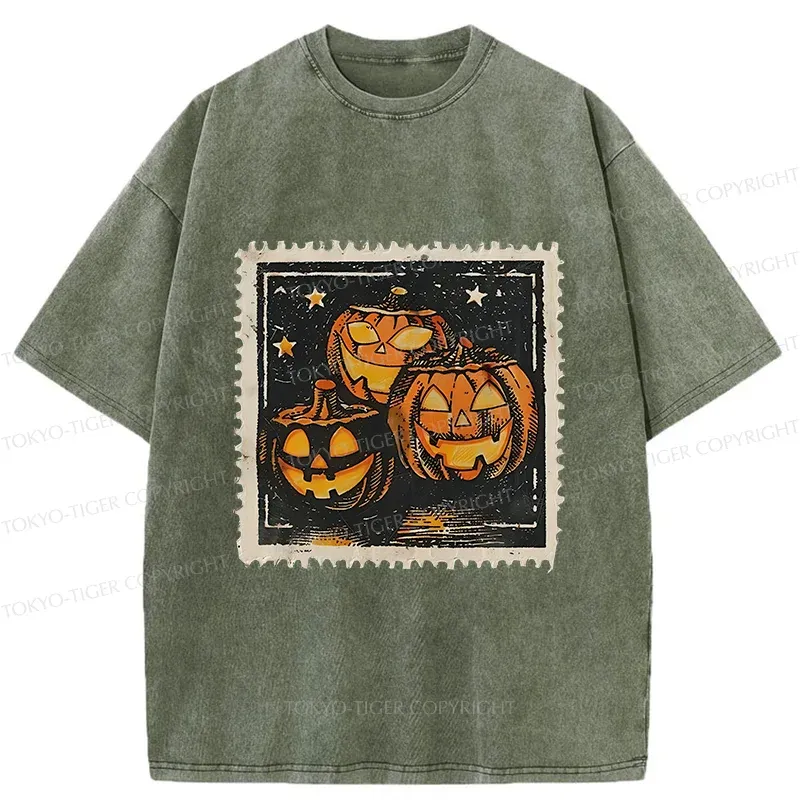 Tokyo-Tiger Halloween Pumpkin Stamps Washed T-Shirt