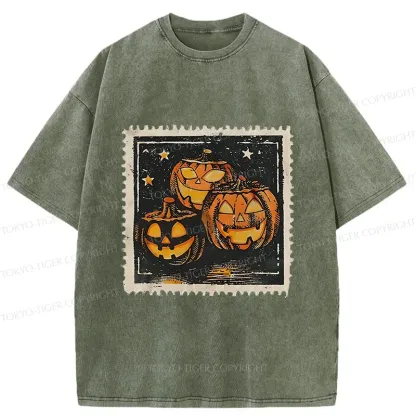 Tokyo-Tiger Halloween Pumpkin Stamps Washed T-Shirt