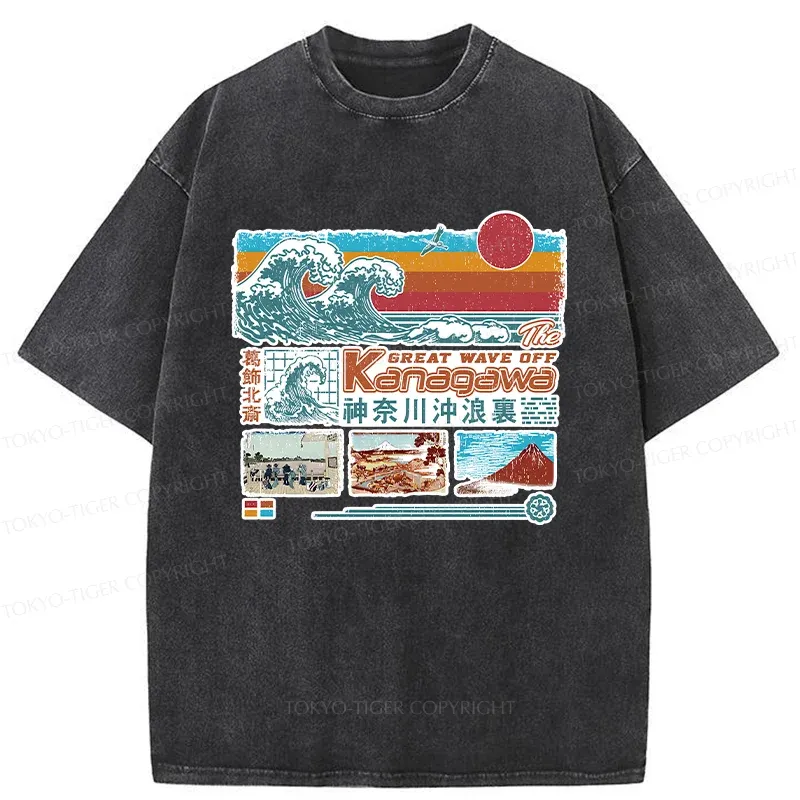 Tokyo-Tiger Retro Ukiyo-e Waves Washed T-Shirt Sale