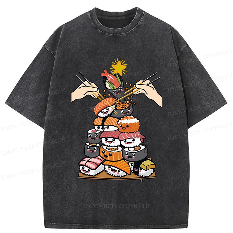 Tokyo-Tiger Sushi Christmas Tree Japan Washed T-Shirt