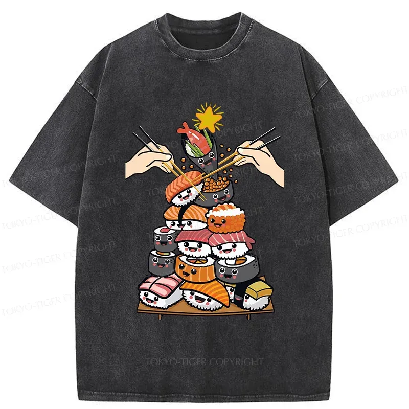 Tokyo-Tiger Sushi Christmas Tree Japan Washed T-Shirt