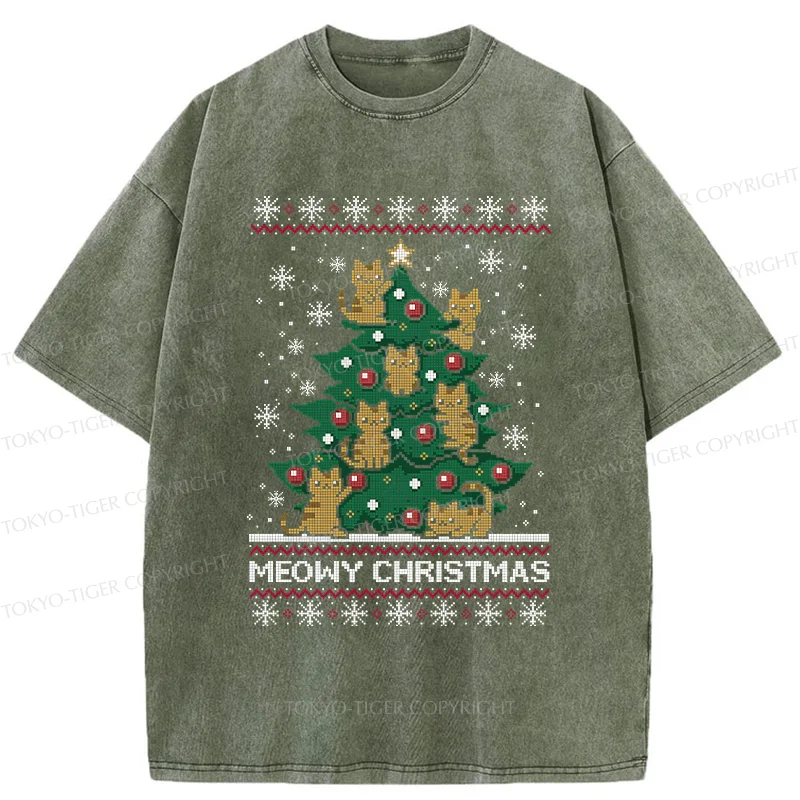 Tokyo-Tiger Cats Christmas Tree Washed T-Shirt