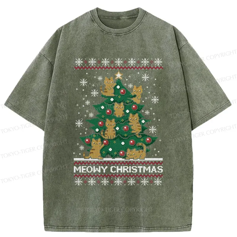 Tokyo-Tiger Cats Christmas Tree Washed T-Shirt