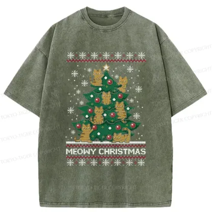 Tokyo-Tiger Cats Christmas Tree Washed T-Shirt