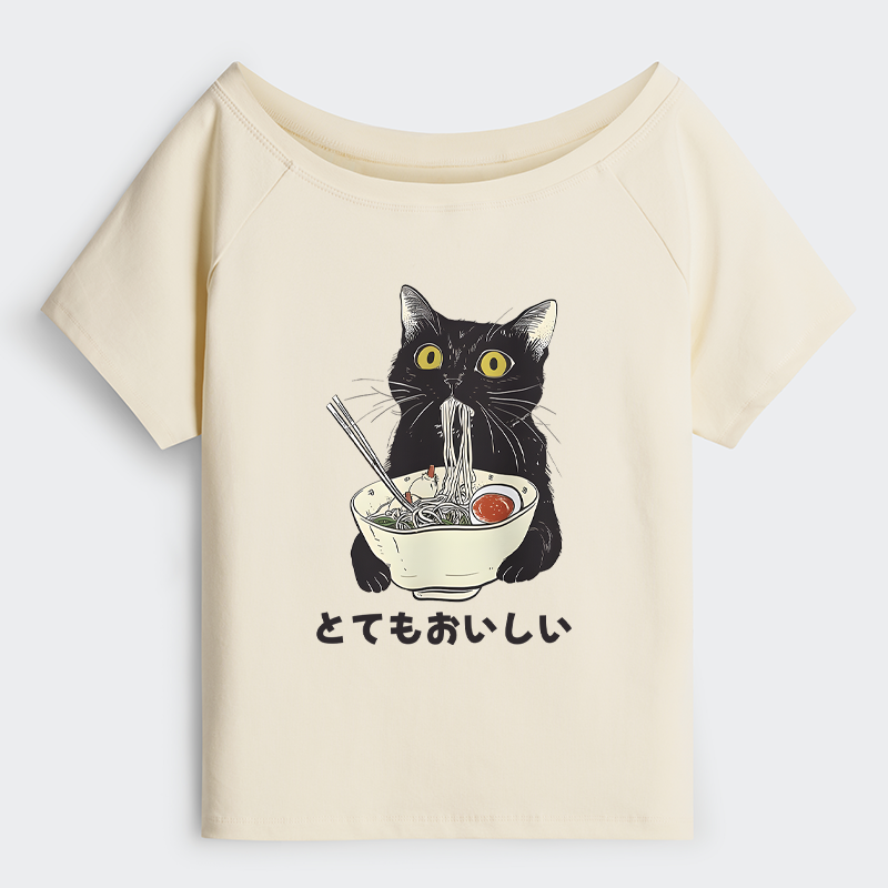 Tokyo-Tiger Cats Eat Ramen Noodles Off Shoulder T-Shirt