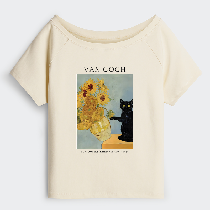 Tokyo-Tiger Black Cat With Sunflowers Off Shoulder T-Shirt