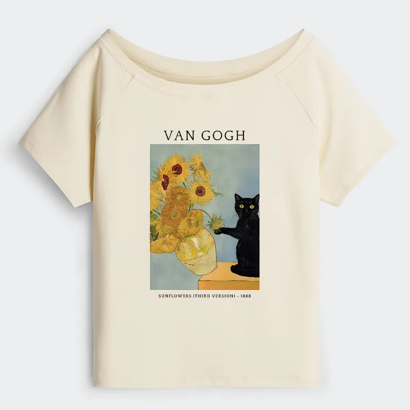 Tokyo-Tiger Black Cat With Sunflowers Off Shoulder T-Shirt