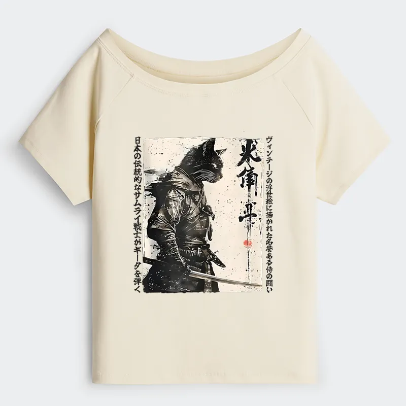 Tokyo-Tiger Cat Samurai Retro Off Shoulder T-Shirt