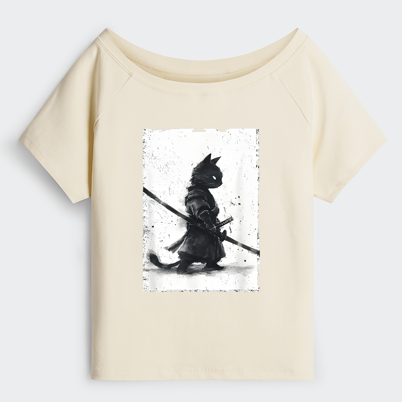 Tokyo-Tiger Retro Cat Samurai Japanese Shoulder T-Shirt