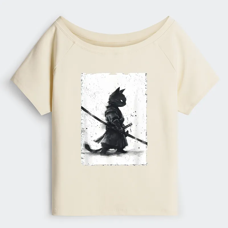 Tokyo-Tiger Retro Cat Samurai Japanese Shoulder T-Shirt