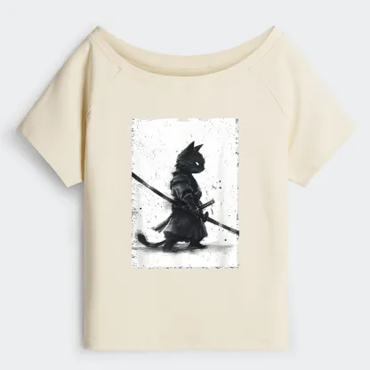 Tokyo-Tiger Retro Cat Samurai Japanese Shoulder T-Shirt