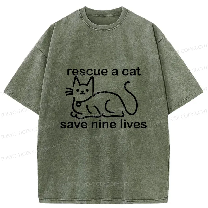 Tokyo-Tiger Nine Cats Funny Washed T-Shirt