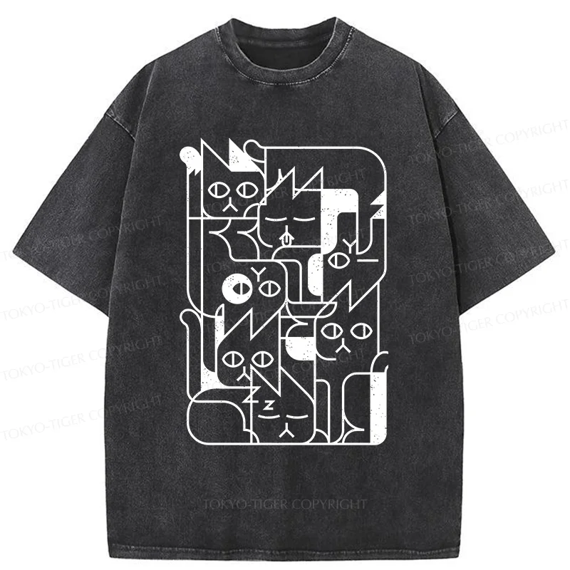 Tokyo-Tiger Abstract Cat Funny Washed T-Shirt