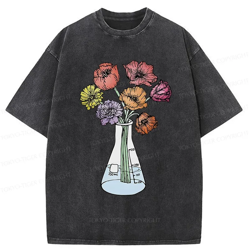Tokyo-Tiger Beaker Flower Art Washed T-Shirt