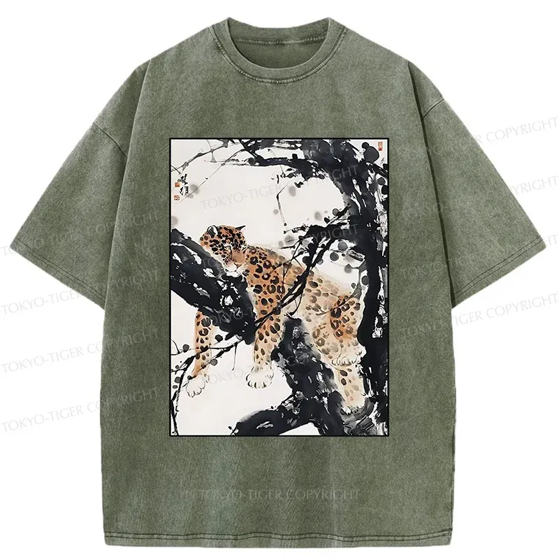 Tokyo-Tiger Ink Painting Of Leopard Washed T-Shirt