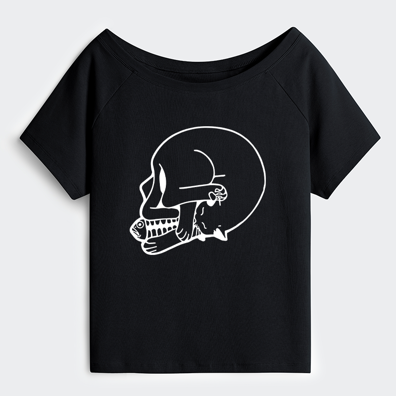 Tokyo-Tiger Funny Cat Eating Fish Off Shoulder T-Shirt