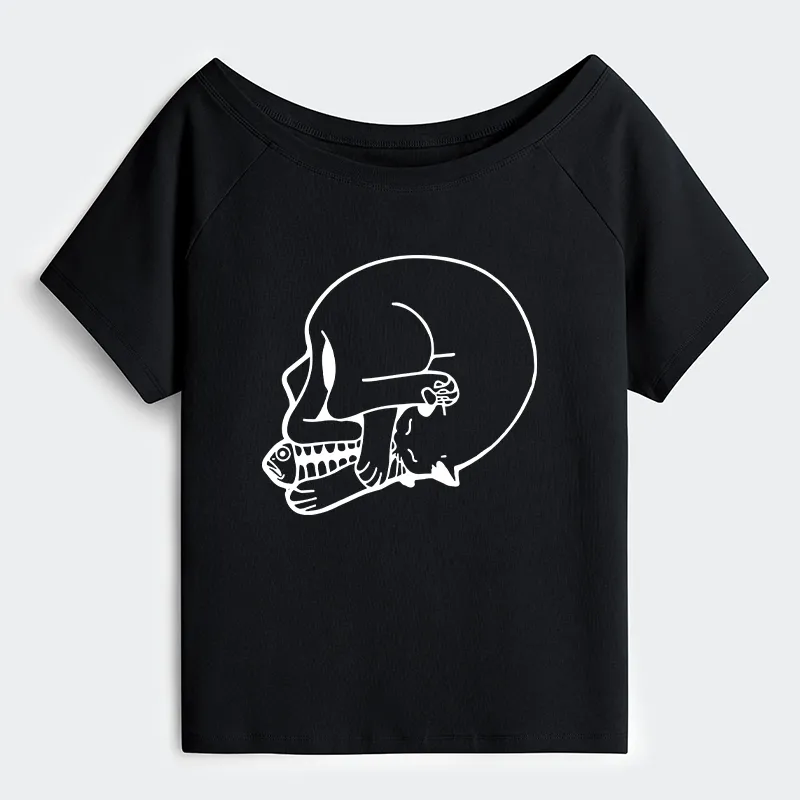 Tokyo-Tiger Funny Cat Eating Fish Off Shoulder T-Shirt