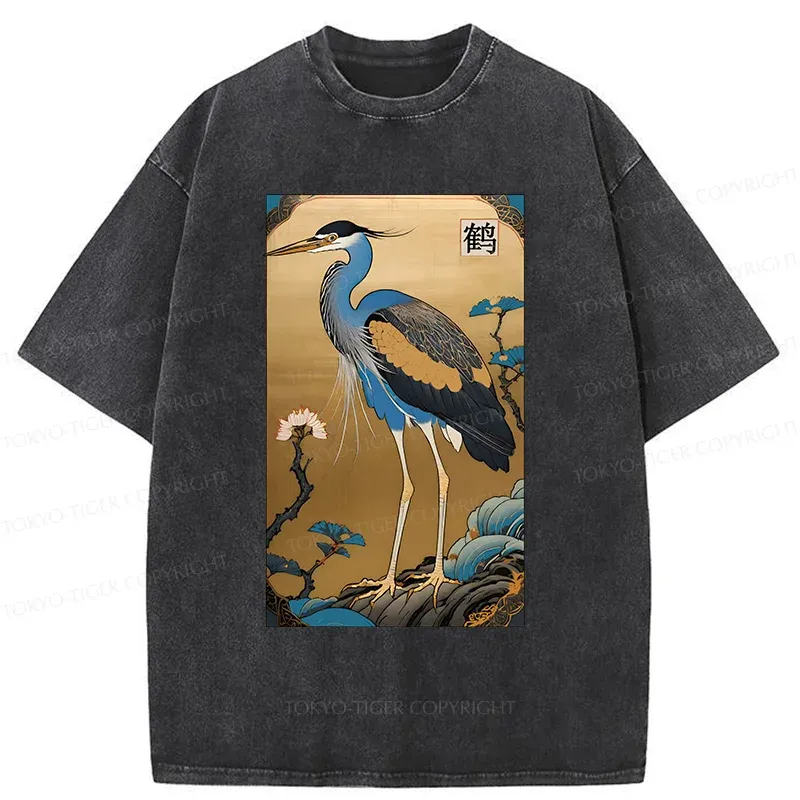 Tokyo-Tiger Ukiyo-e Japanese Cranes Washed T-Shirt