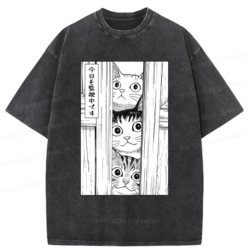 Tokyo-Tiger Three Cats Watching You Washed T-Shirt