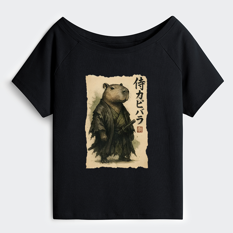 Tokyo-Tiger Capybara Samurai Off Shoulder T-Shirt