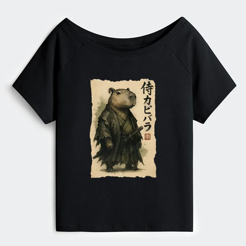 Tokyo-Tiger Capybara Samurai Off Shoulder T-Shirt