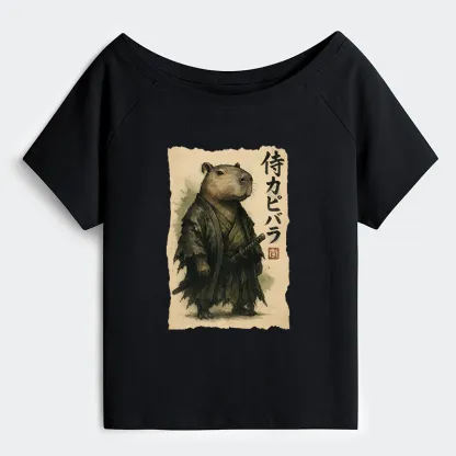 Tokyo-Tiger Capybara Samurai Off Shoulder T-Shirt