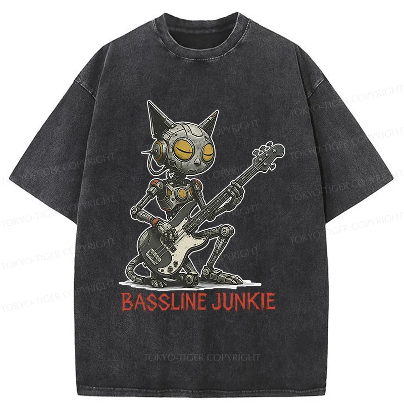 Tokyo-Tiger Robot Cat Playing Bass Washed T-Shirt